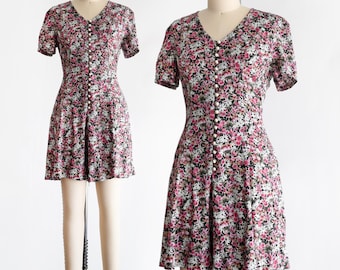 90s Black & Pink Floral Romper, medium