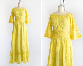 70s Yellow Mexican Maxi Dress, Vintage 1970s Pin Tuck Bell Sleeve Crochet Cotton Gown, xs/small