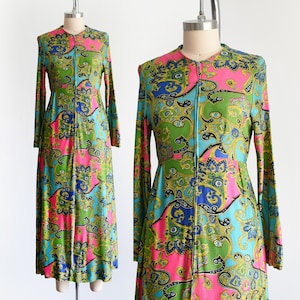60s Green & Pink Paisley Maxi Dress, Vintage 1970s Hostess Gown, small medium/medium