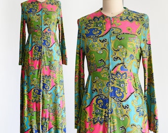 60s Grün & Pink Paisley Maxi Kleid, Vintage 1970s Hostessen Maxi Kleid, small medium/medium