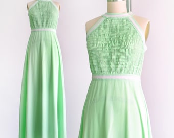 Vintage 1970s Mint Green Smocked Maxi Dress, small to medium