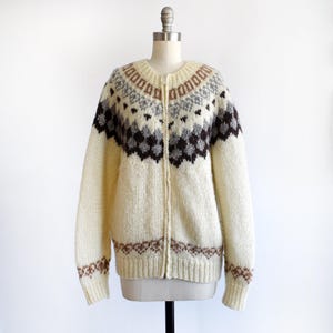 a vintage 1970s Fair Isle zip up sweater on a mannequin against a white background