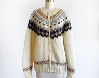 Pull cardigan jacquard crème et marron vintage des années 1970, moyen/grand