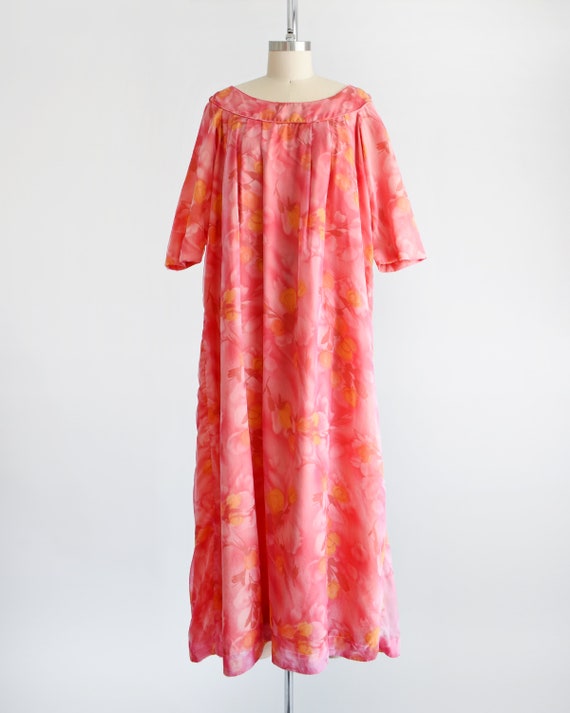 60s Pink & Orange Floral Kaftan, Vintage 1970s Ch… - image 2