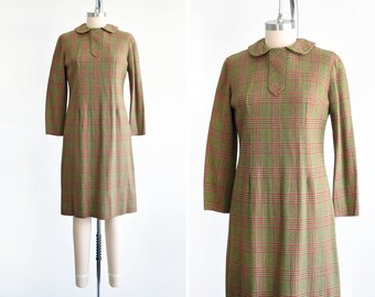 Vintage 60s Green & Pink Plaid Wool Dress w/ Peter Pan Collar, small medium