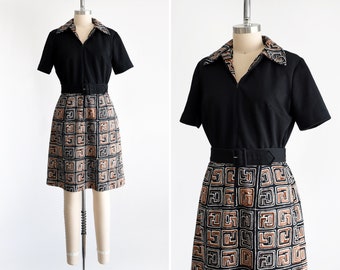 60s Geometric Mod Dress, Vintage 1960s Black & Brown Zip Up Scooter Dress, medium large