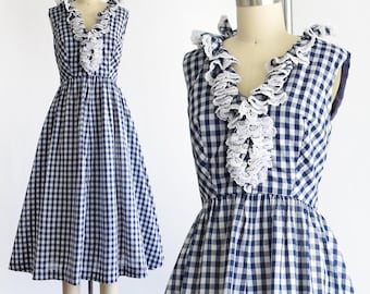Vestido vintage de los años 60 de cuadros azules con volantes, talla XS