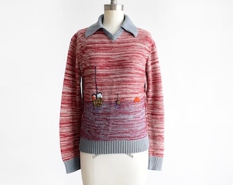 70er Jahre Space Dye Bestickter Scherenschnitt Pullover, small