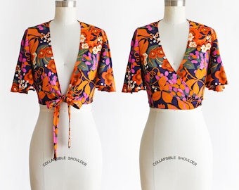 70s Crop Top Flutter Sleeve Wrap Blouse, xs/small