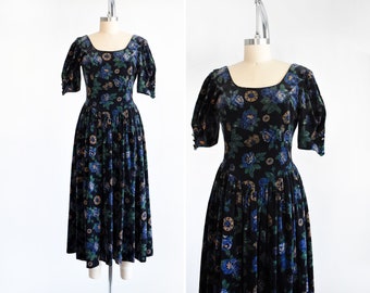 80s Laura Ashley Velvet Floral Dress, Vintage 1980s Black Floral Dress, Holiday Fashion, medium