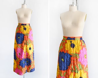 70s Quilted Floral Skirt, Vintage 1970s Maxi Skirt, Flower Power Psychedelic Button Front Skirt, medium large