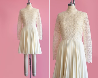 Vintage 70s Floral Lace Dress, 1970s Cream Crochet Pleated Disco Dress, small