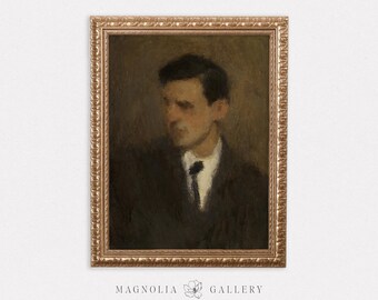 Moody Portrait of Gentleman in Tie | Male Profile | Vintage Oil Painting | Profile Artwork | Neutral Home Decor | Digital Download