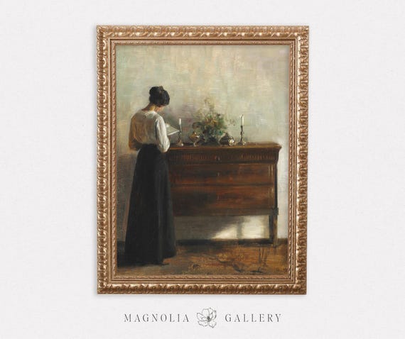 Woman At Credenza Reading by Candlelight | Moody Female Profile | Vintage Oil Painting Artwork | Neutral Home Decor | Digital Download