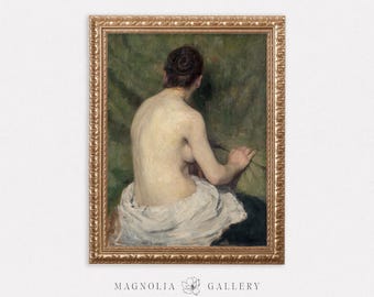瞑想的な女性のヌード | ムーディーな肖像画 | アース トーン | ビンテージ油絵 | ニュートラルな室内装飾 | デジタル ダウンロード