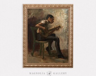 Study of a Banjo Player | Moody Male Guitar Portrait | Vintage Oil Painting | Dark Academia | Neutral Home Decor | Digital Download