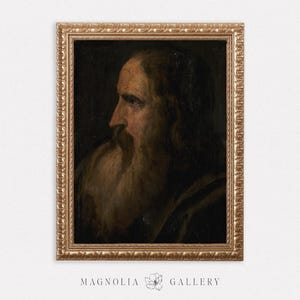 Elderly Bearded Man Contemplating | Moody Profile Portrait | Vintage Oil Painting | Dark Academia | Neutral Home Decor | Digital Download