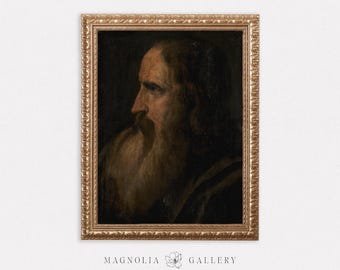 Elderly Bearded Man Contemplating | Moody Profile Portrait | Vintage Oil Painting | Dark Academia | Neutral Home Decor | Digital Download