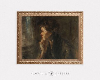 Lost in Thought Portrait | Moody Female Vintage Oil Painting | Landscape Orientation Artwork | Neutral Home Decor | Digital Download