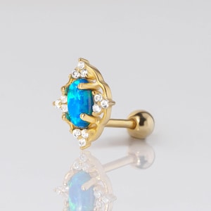 Oval Cut Blue Opal Piercing with Diamond Stones • Cartilage, 18G Helix and Tragus Jewelry • Minimalist Jewelry • Summer Statement Earrings