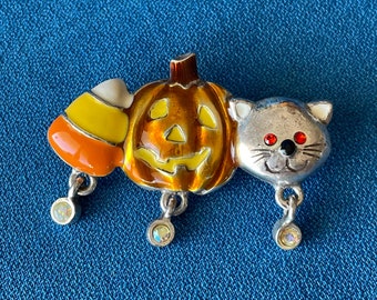 Vintage Halloween Pin Brooch with Candy Corn, JOL Pumpkin, Kitty Cat, Silver Tone Metal, Designer Signed Fashion Accessory Jewelry Woman