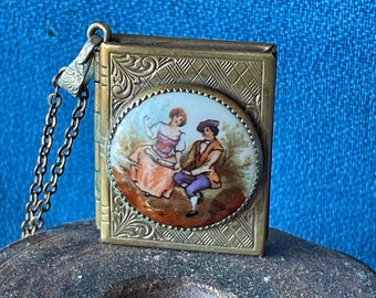 Beautiful Vintage Antique Locket Necklace & Pendant, Loving Couple on Porcelain Holds 2 Oval Photographs, Love, Miniature, Old Book, Wedding