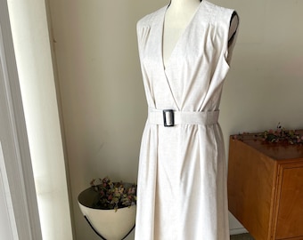 Vintage Off White, Cream with Brown Flecks Dress & Belt, Pretty, Retro Mad Men Woman Fashion Clothing 9 to 5 Work, Flight Attendant Costume