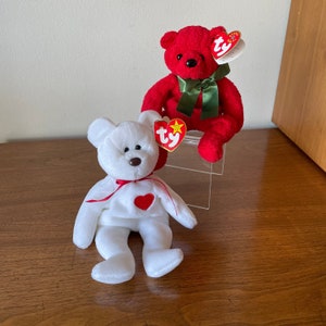 2 Vintage Plush Toy Beanie Babies Teddy Bears, Valentino & Mistletoe, Christmas with TY Hang Tags, Hologram, Boy, Girl, Mall, Birthday Gift