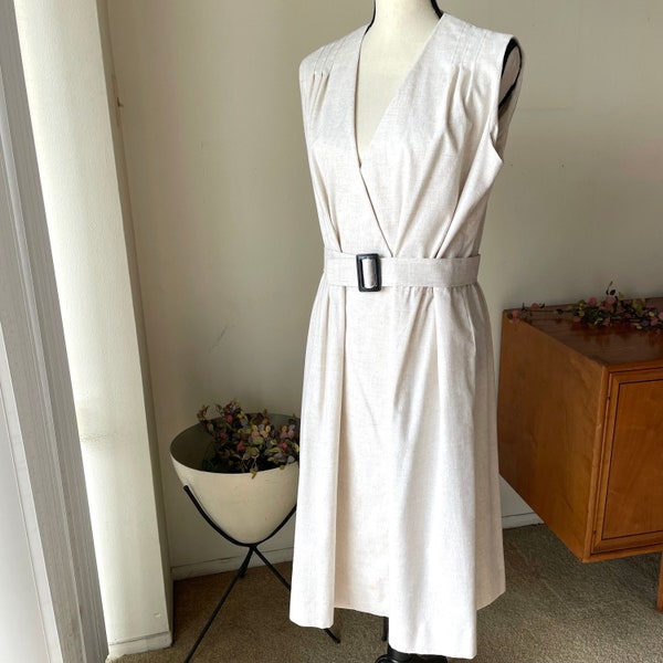 Vintage Off White, Cream with Brown Flecks Dress & Belt, Pretty, Retro Mad Men Woman Fashion Clothing 9 to 5 Work, Flight Attendant Costume