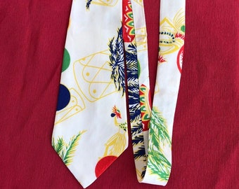 Vintage Necktie with Christmas Ornaments, Hawaii Hula Girl, Palm Tree Print Retro Tiki Tie Men’s Fashion Clothing Accessory