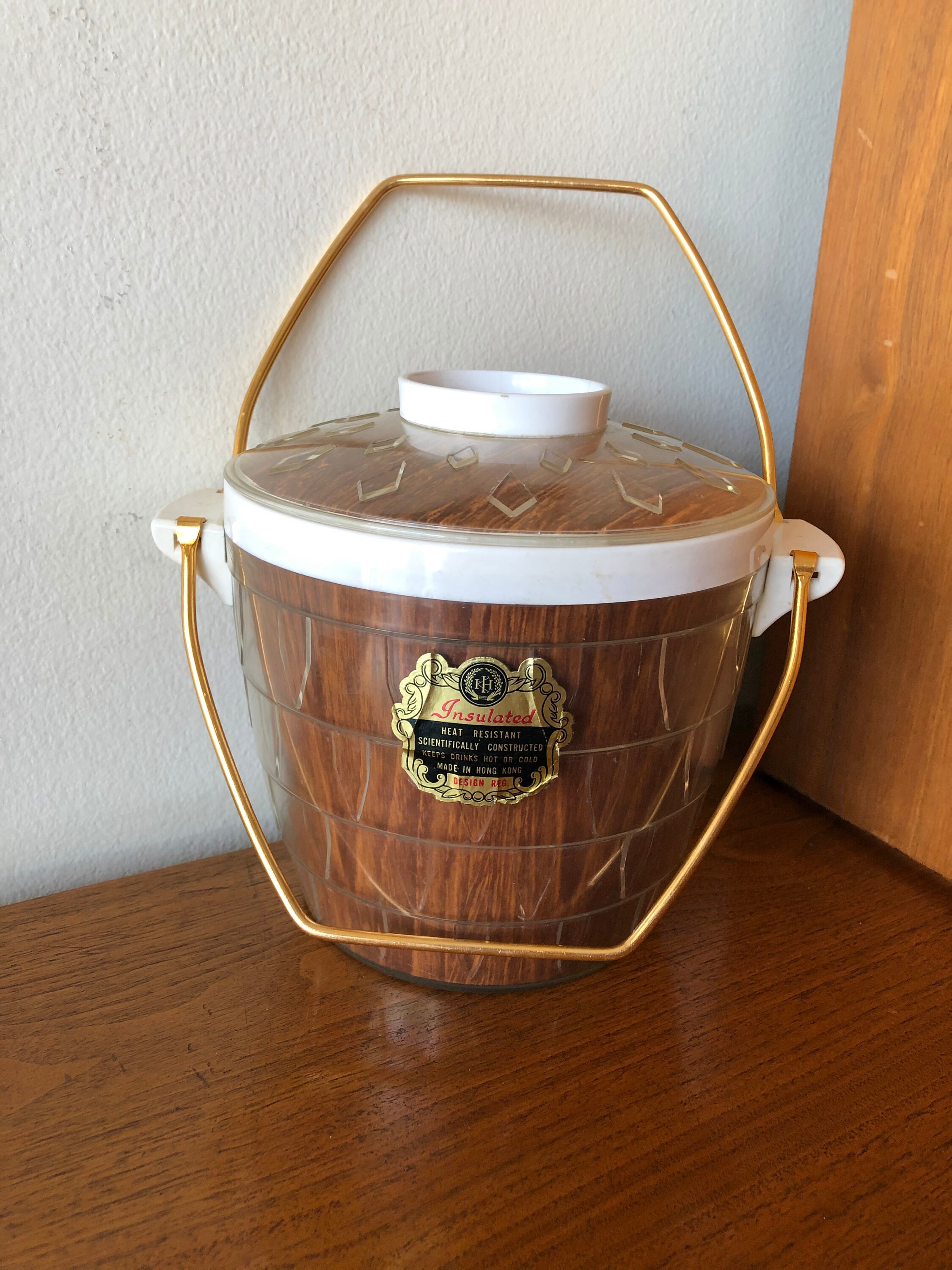Vintage Clear & White Plastic Ice Bucket with Faux Wood Paper Etsy