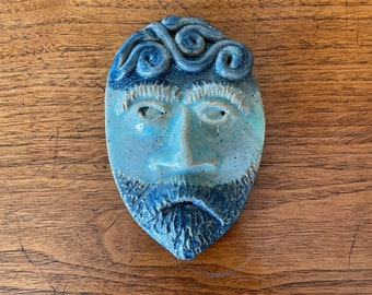 Vintage Pottery Face Tile Mid Century Modern Head Mask Art Design by GreatHouse MCM Home Decor, Project, Handmade Craft, Man, Blue