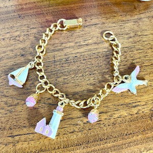 Vintage Charm Bracelet Sea Life Costume Jewelry with Lighthouse, Sailboat, Seagull & Pink Pearls, Womans Fashion Clothing Accessory 50s, 60s