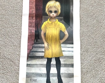 Vintage Original 60's Margaret Keane Big Eyes Picture Poster Girl & Cat "The Waifs" Color Big Eyed Art Print, MCM Home Decor, Wall Hanging