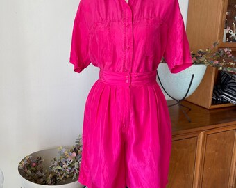 Vintage Pink Red Silk Blouse Shirt & Shorts Set, Spring, Summer Woman's Fashion Clothing, Retro 80's, 90's, Baggy, Old School Size Small Med