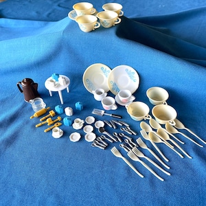 Vintage Miniature Kids Child’s Plastic Tea Set, Kitchen Utensils Dishes, Plates, Table, Doll House, Toys 70’s, 80’s, 90’s