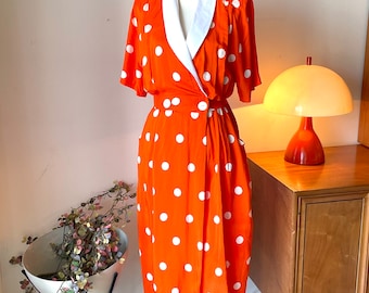 Vintage 80’s Orange & White Polka Dot Designer Dress by Secrets, Pretty Woman Mall Fashion 9 to 5, Work, Office, Party, Costume Holiday Sz 8