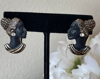 Vintage African American Nubian Princess Clip On Earrings, Pair, 50's, 60's Black, Antique, Queen, Lady, Nefertiti, Artist Fashion Jewelry