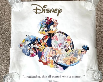Vintage Disney Poster All Started With A Mouse, Mickey Minnie, Alice in Wonderland, Snow White, Aladdin, Peter Pan Tinkerbell Paper Boy Girl