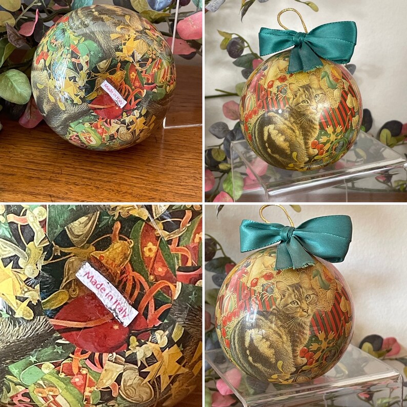 Vintage Gray & Brown Tabby Kitty Cat Ball Christmas Tree Ornament With