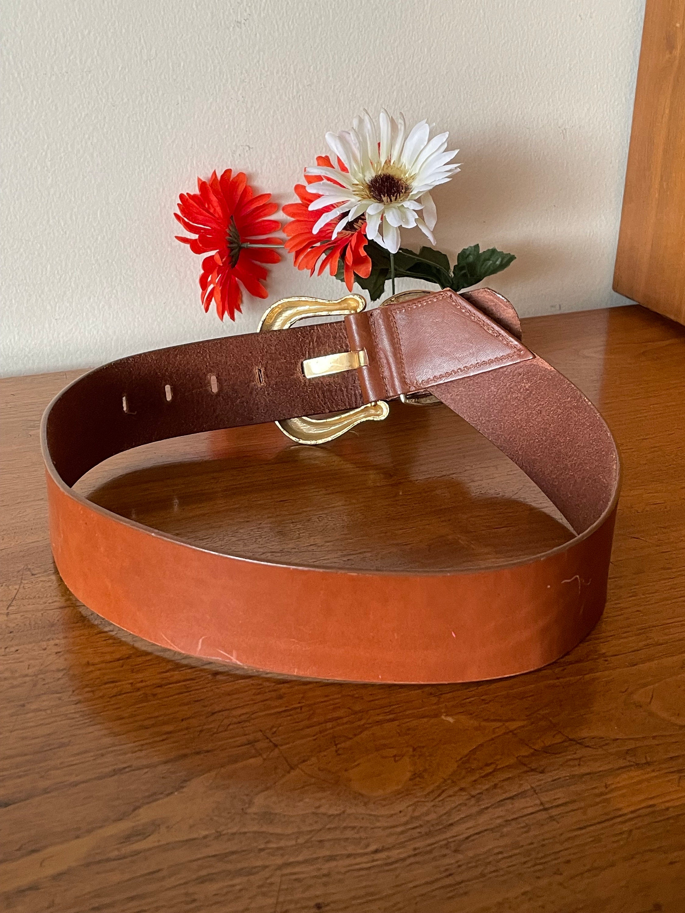 Vintage Brown Leather Belt With Gold Tone Metal Buckle 