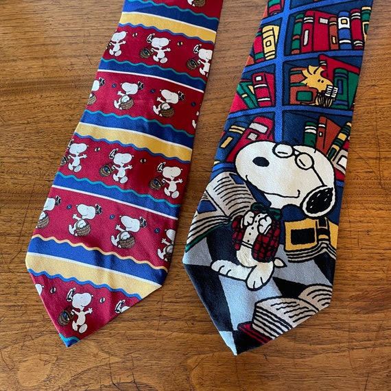 2 Vintage Snoopy & Woodstock Necktie, Peanuts Cartoon… Gem