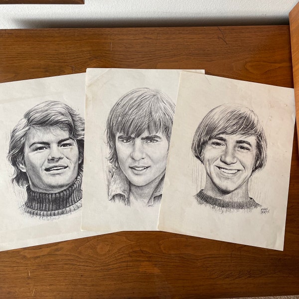 3 Vintage The Monkees Sketch Drawings, Prints, Davy Jones, Micky Dolenz, Peter Tork, TV Show, Pop, Rock n Roll Band, British, American, 60s