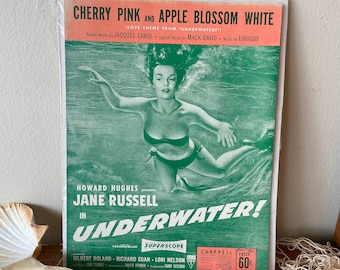 Vintage Underwater Movie Sheet Music, Jane Russell, Howard Hughes, Love Theme Song, Hollywood Film Actresses 40’s 50’s 60’s RKO Pictures