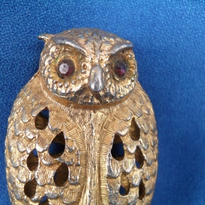 Vintage Gold Owl Necklace Pendant Potpourri, Perfume, Sachet or Trinket, Note Box, Rhinestone Eyes 60s 70s Womans Fashion Clothing Accessory image 2