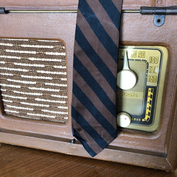 Vintage Necktie Black & Brown Stripes, Mad Men Sk… - image 3