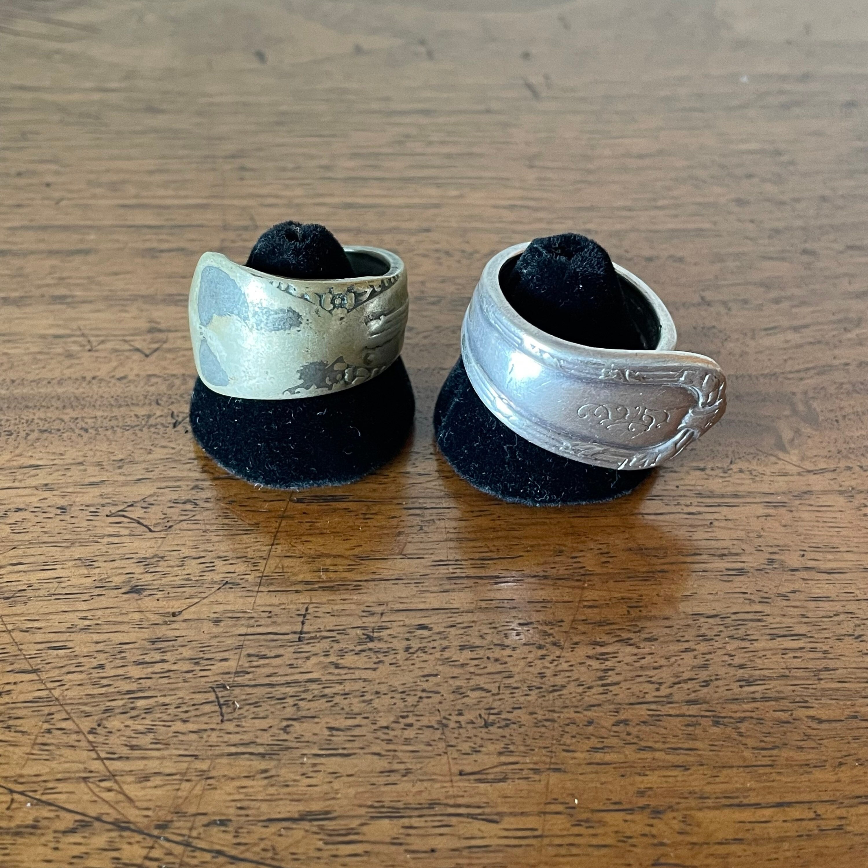 2 Vintage Silverware Rings With Etched Designs, Flowers Antique 