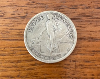Vintage 1921 United States of America Fifty Centavos Filipinas Antique Collectible Silver Coin, American Eagle, Shield, Lady, Hammer & Anvil