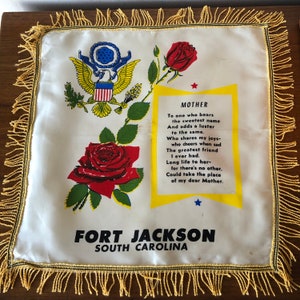 Vintage Mother Pillow Case, Fort Jackson, South Carolina Souvenir with Roses and Love Message, Mother’s Day Gift, Retro Soldier, Collectible