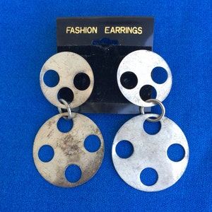 Vintage 1980s Earrings Round Circle Metal Shapes 80s Dangle Drop Jewelry Dead Stock Woman Fashion Clothing Accessory, Hollywood Costume Drag